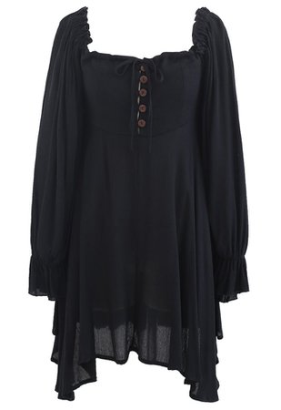 Square Neck Buttoned Asymmetric Mini Dress in Black - Retro, Indie and Unique Fashion