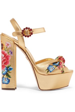 Dolce & Gabbana | Knotted crystal-embellished floral-print metallic leather platform sandals | NET-A-PORTER.COM