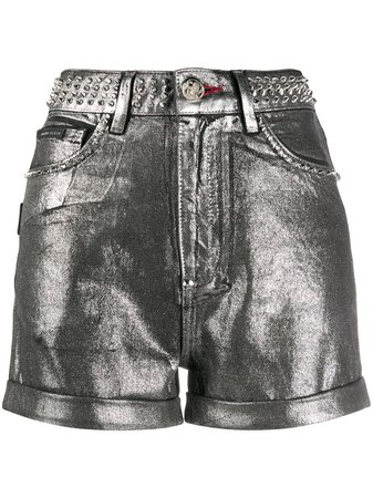 Shop Philipp Plein metallic-print studded shorts with Express Delivery - FARFETCH