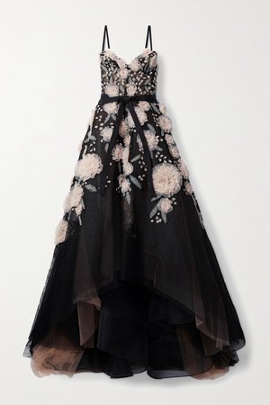 Black Layered grosgrain-trimmed embellished fishnet and tulle gown | Marchesa | NET-A-PORTER