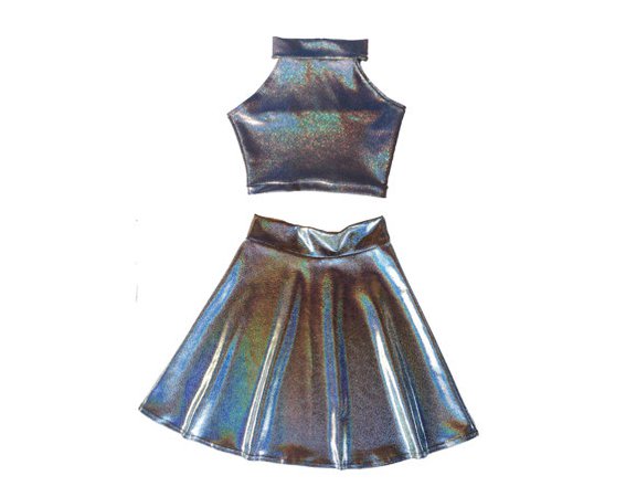 HOLOGRAPHIC TWIN Set Sleeveless Turtle Neck Crop and High Waist Skater Skirt Matching Set, Hologram, Black Holographic,