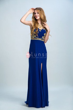 GOLD EMBROIDERED ROYAL BLUE CHIFFON A-LINE SLIT EVENING PROM DRESS