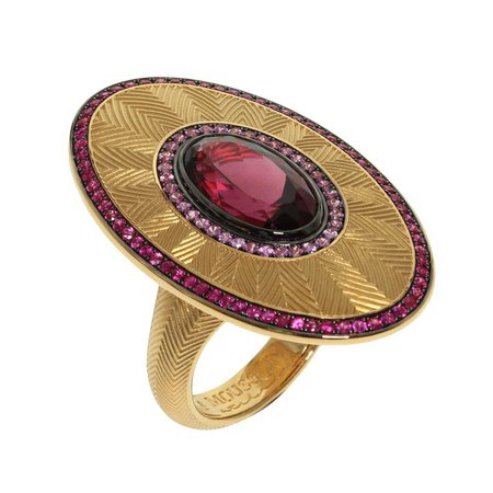 Ruby Pink Sapphire Rhodolite Garnet 18 Karat Yellow Gold Classical Ring by Mousson Atelier