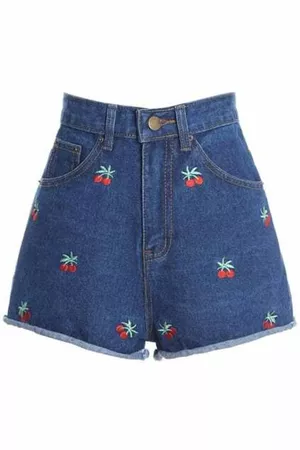 ROMWE Cherry Embroidered Pocketed Blue Shorts | ROMWE USA