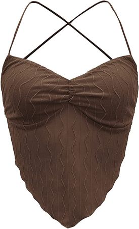 Verdusa Women's Criss Cross Backless Strappy Asymmetrical Hem Crop Cami Top Mesh Coffee Brown S at Amazon Women’s Clothing store