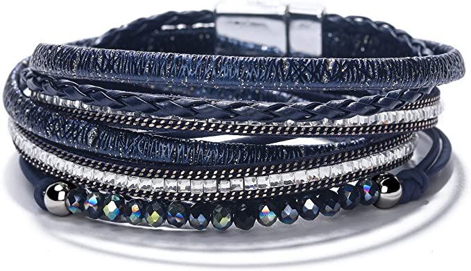 Amazon.com: Fesciory Leopard Bracelet for Women, Boho Leather Wrap Multi-Layer Pearl Crystal Bracelet Bangle Jewelry(Square Diamond(Blue)): Clothing, Shoes & Jewelry