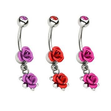 Dangle Roses Belly Ring with Cz Gem