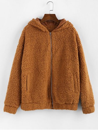 [30% OFF] [POPULAR] 2019 ZAFUL Hooded Zip Up Pocket Fluffy Teddy Jacket In LIGHT BROWN | ZAFUL Europe brown