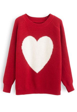 One Heart Rib Knit Oversized Sweater in Red - Retro, Indie and Unique Fashion