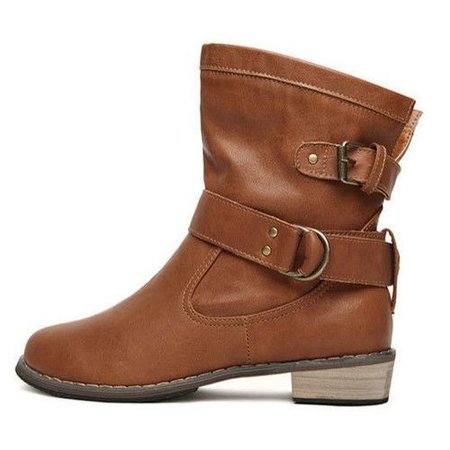 Pu Leather Women Boots Round Toe Buckle Ankle Boots
