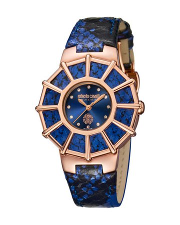 Roberto Cavalli by Franck Muller 37.5mm Watch w/ Embossed Leather Strap, Blue/Rose