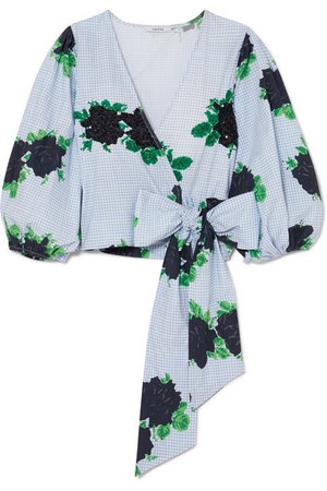 GANNI | Pine embellished printed cotton-poplin wrap top | NET-A-PORTER.COM