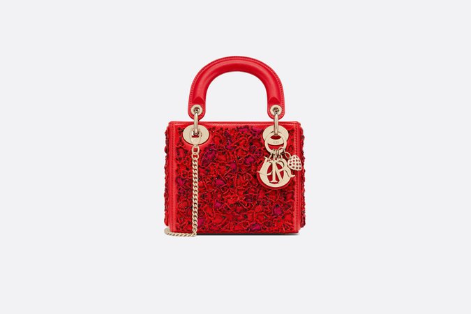 Dior, MINI LADY DIOR DIORAMOUR BAG Red Lambskin with Bead and Tulle Hearts Embroidery