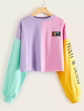 Drop Shoulder Letter Graphic Colorblock Pullover | SHEIN USA