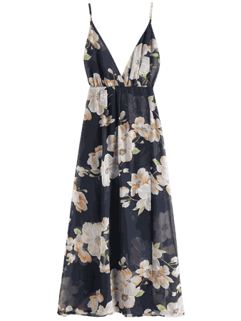 [28% OFF] [HOT] 2019 Backless Slit Floral Maxi Dress In MIDNIGHT BLUE S | ZAFUL
