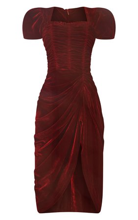 Burgundy Bodice Puff Sleeve Velvet Midi Dress | PrettyLittleThing USA
