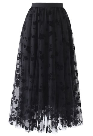Chic Wish 3D Posy Double-Layered Mesh Midi Skirt in Black - Retro, Indie and Unique Fashion