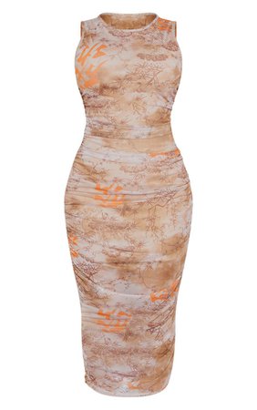 Shape Nude Oriental Print Sleeveless Midi Dress | PrettyLittleThing USA