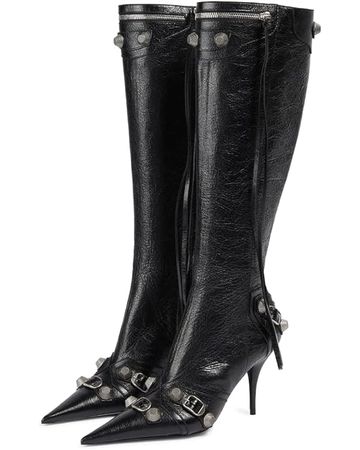 Amazon.com | Ancomafio Knee High Boots for Women Stiletto Heel Studded Boots Pointed Toe Rivets Tassel Boot Sexy High Heel Punk Boots Zipper | Knee-High