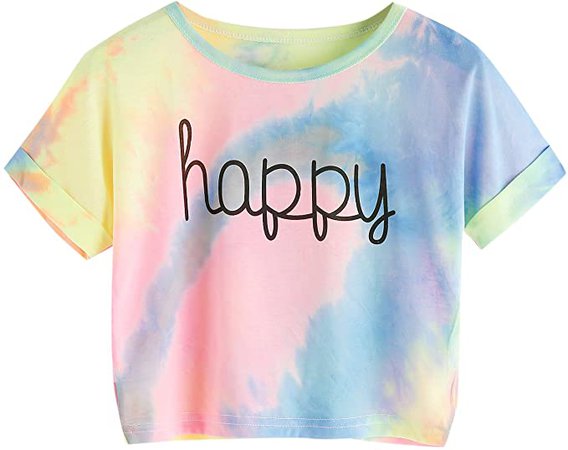 SweatyRocks Women's Tie Dye Letter Print Crop Top T Shirt at Amazon Women’s Clothing store
