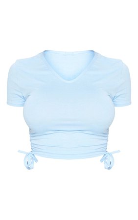 PRETTYLITTLETHING Baby Blue Jersey V Neck Ruched Side T Shirt