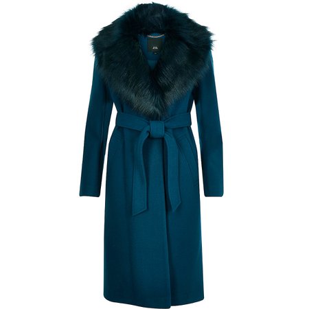 Teal faux fur trim belted robe coat - Coats - Coats & Jackets - women