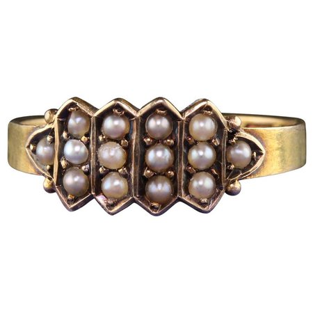 Antique Victorian 15 Karat Yellow Gold English Seed Pearl Band Ring For Sale at 1stdibs