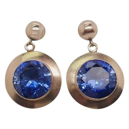 Estate 14 Karat Yellow Gold Synthetic Sapphire Dangle Earrings For Sale at 1stDibs