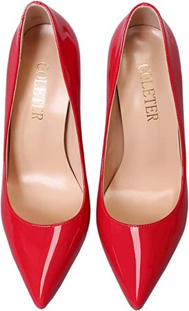 Amazon.com | COLETER Women's Sexy Pointed Toe High Heels,4.72 inch/12cm Patent Leather Pumps,Wedding Dress Shoes,Cute Evening Stilettos Patent Red 9.5 US | Shoes