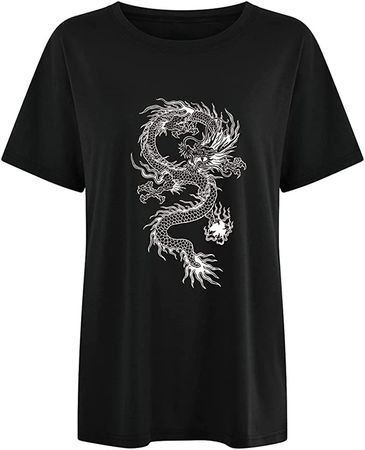 Women Teen Girls Chinese Dragon Print O-Neck Short Sleeve Art Wear T-Shirt Casual Loose Ultra Soft Trendy Top Blouse Black at Amazon Women’s Clothing store