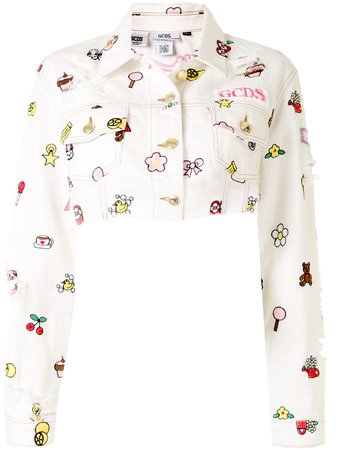 Shop white Gcds Hello Kitty cropped denim jacket with Express Delivery Farfetch