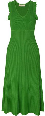 Ruffled Ribbed Stretch-knit Midi Dress - Green