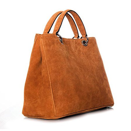 ROUVEN Cognac & Silver MUSE 40 SUEDE Tote Bag Leather Handbags for Woman Top Handle Bags (40x28x19cm) - PRETTY.FM - UK Shopping