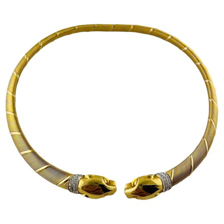 1996, Cartier 18K Tri Color Gold Diamond Panther Choker Necklace Box / Papers For Sale at 1stDibs