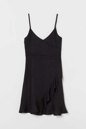 Flounce-trimmed Wrap Dress - Black