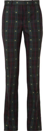Embroidered Checked Wool Flared Pants - Dark green