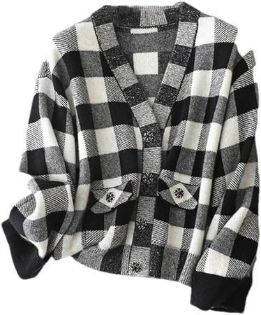 Amazon.com: Women V-Neck Plaid with Pocket Cashmere Cardigans Buttons Thicken Keep Warm Jacket : Clothing, Shoes & Jewelry