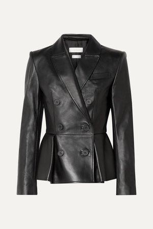 Double-breasted Pleated Leather Blazer - Black