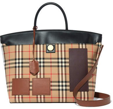 Leather-trimmed Checked Cotton-drill Tote - Brown