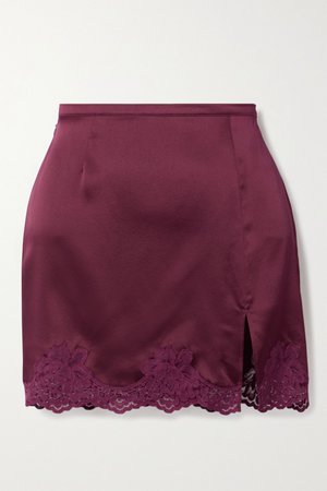Burgundy James lace-trimmed silk-satin mini skirt | Fleur du Mal | NET-A-PORTER