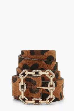 Leopard Print Diamante Detail Buckle Belt | Boohoo brown