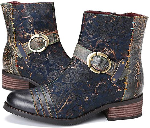 Amazon.com | gracosy Ankle Boots for Women, Leather Ankle Bootie Vintage Fashion Short Boots Side Zipper Floral Pattern Comfort Shoes Ladies Winter Boots Blue 6 M US | Ankle & Bootie
