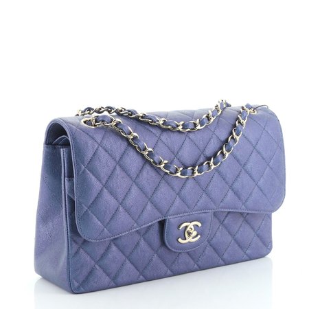 Chanel Classic Double Flap Bag Quilted Iridescent Caviar Jumbo Blue 534201 – Rebag