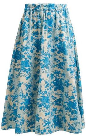 Daisy Floral Print Cotton Canvas Midi Skirt - Womens - Blue Print