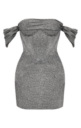 Clothing : Mini Dresses : 'Ophelia' Silver Off Shoulder Corset Mini Dress