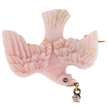 Victorian Carved Pink Coral And Diamond Dove Brooch c. 1850