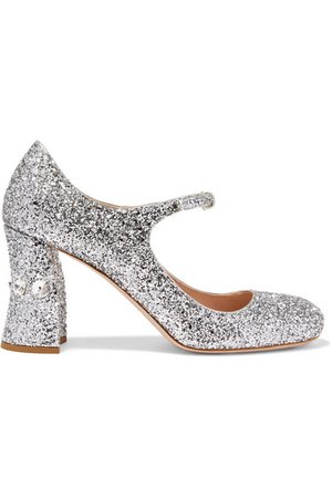 Miu Miu | Crystal-embellished glittered-leather Mary Jane pumps | NET-A-PORTER.COM