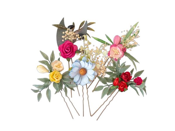 Colorful hair pins, set floral hair pins, pink blue flower bobby pins, bright wedding hair pin, bride or bridesmaid, bridal comb hair pin