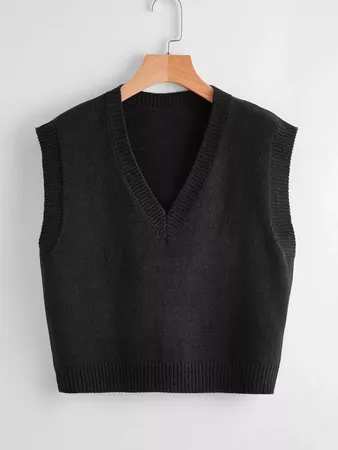 V Neck Solid Sweater Vest | SHEIN USA black