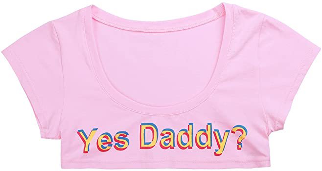 FEESHOW Womens Teen Girls O Neck Short Sleeve Yes Daddy Crop Tops Cotton T-Shirts (White Pure, One Size) at Amazon Women’s Clothing store